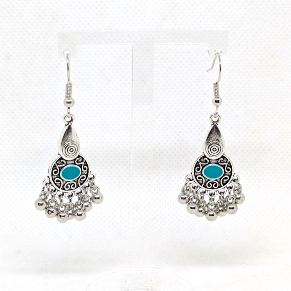 NEW Gypsy Dangle Earrings Silver Tone Faux Turquoise 2" Drop Bohemian Festival